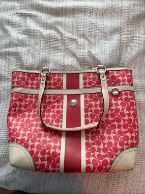 Canvas Tote Bag with Pink Pattern and Cream Trim